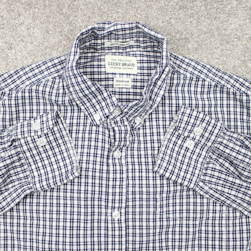 Lucky Brand Shirt‎ Mens Medium Blue Plaid White Label Fit Cotton Long Sleeve